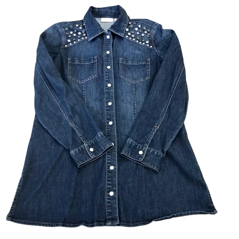 Chicos Size 0 Denim Snap Front Tunic Top Long Sleeve Western Style Bling Yoke